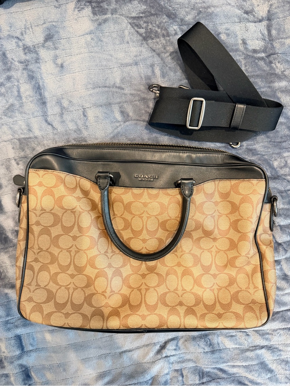Coach Tan Signature Canvas Brief with Black Leather Trim